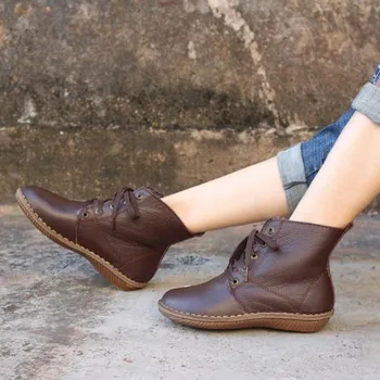 Mulher Sapatos Ankle Boots Autêntico Couro de Mulheres Tornozelo Botas Femininas Outono Sapatos Rodada toe rendas até botas de cowboy(500680-5)