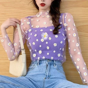 Estilo coreano Top de Malha Daisy Sob a Camisa de 2020 Novas Harajuku Estética Bonito Laço Flor de T-shirt Manga Longa de Malha Superior Meninas Doces