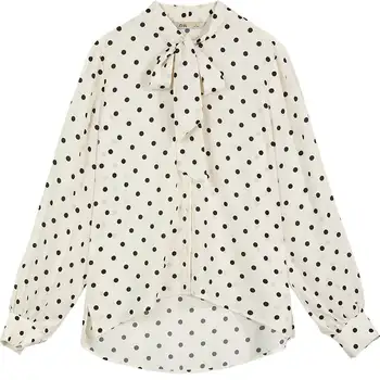 ELFSACK de Bolinhas Único Breasted Casual Camisa de Chiffon Mulheres,2020 Outono ELF Vintage Arcos Tieneck ,coreano Ladeis Diária Superior