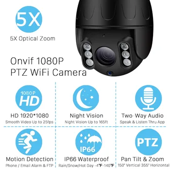 Super Mini PTZ da Abóbada da Velocidade do WIFI do IP 1080P Exterior da Câmera Zoom Óptico de 5x de 2MP Câmera sem Fio H. 265 IR 50m ONVIF Duas Vias de Áudio Falar