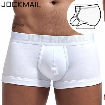 JOCKMAIL Sexy Homens de Cueca anel peniano bolsa de U convexo cintura Baixa respirável Homens Gays Boxer de Algodão Balas Separados sólido branco