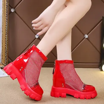 Mulheres de Malha Ankle Boots Verão Dedo do pé Redondo Casual de Inicialização Respirável Doce Senhora Elegante, Sexy Sapatos de Salto Alto Zíperes Oco Botas