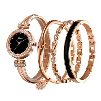 Relógio de luxo Mulheres 4 peças Conjunto Rosa de Ouro Jóias de Diamante, Pulseira de Relógio