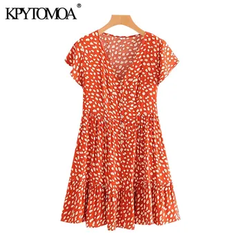 KPYTOMOA Mulheres 2020 Chic de Moda de estampa de Leopardo Babados Mini Vestido Vintage Decote em V Manga Curta Feminina Vestidos de Vestidos Mujer