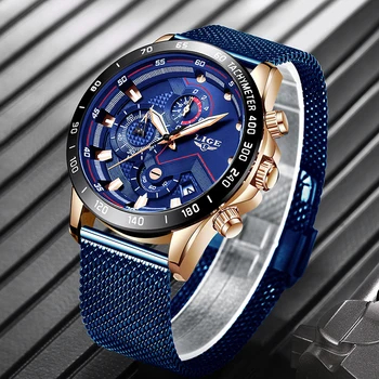 2019 Novo LIGE Azul Casual cinto de Malha de Moda Quartzo Relógio de Ouro, Relógios de homens de melhor Marca de Luxo Impermeável Relógio Relógio Masculino