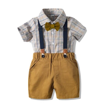 Criança Roupas de 1 a 6 Anos, Meninos de Camisa Listrada + Shorts com Cinto de Moda Conjunto de Roupas para Bebê Menino Curto Ternos KB8071