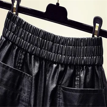 Outono De Mulheres Negras Mini Shorts De Couro Mulheres Casual Elástico De Cintura Alta Plus Size, Moda De Inverno Senhora Pu Couro Solto Buttoms