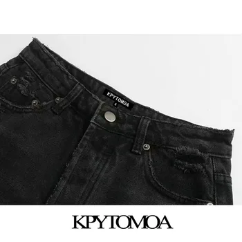 KPYTOMOA Mulheres 2020 Moda Chique Rasgado Buraco Desfiado Guarnição Shorts Jeans Vintage Cintura Alta Botões de Voar Feminino Calças Curtas Jean