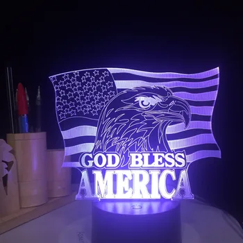 Bandeira americana em 3D Candeeiro de Mesa Novidade Bebê de Cabeceira Decoração Dom Crianças Led Usb Deus Abençoe a Luz da Noite Águia com Botão de Toque, Luminárias