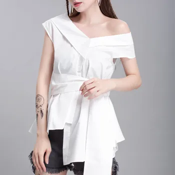 GETSRING Mulher de Camisa Irregular de Inclinação Gola Mangas de Mulheres Blusas Assimetria de Bandagem Preta de Algodão Branco, Camisa de Mulheres 2019 Novo