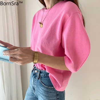 BornSra Puff Manga Verão T-Shirts Mulheres Sólido Coreano Solta Elegantes Camisas Casuais O-Pescoço Vintage Harajuku Algodão Tops 4 Cores