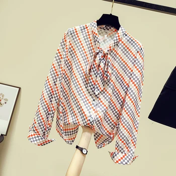Design de luxo 2020 Moda Outono Mulheres Bow Chiffon Camisa Xadrez Tops de Mangas compridas, Blusas, Camisas A3792