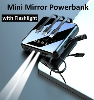 20000mAh Mini Banco de Potência Construído em 4 Cabo para o iPhone 12 mini Pro Max Portable 10000mah Carregador de Bateria Externa com 2 Diodo emissor de Luz