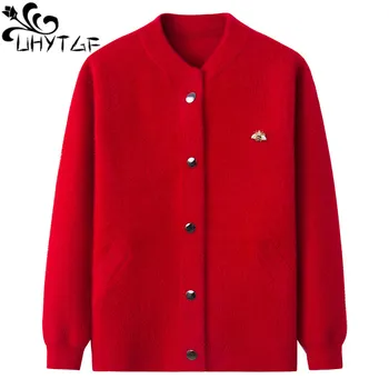 UHYTGF Vison suéter de cashmere casaco comprido casaco de lã mulheres primavera, outono camisola de casacos elegantes mom curto plus size top 715