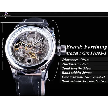 Forsining Relógio de Prata da forma de Esqueleto Relógio Projeto da Engrenagem Mecânica Relógios de pulso para Homens de Mãos Luminosas de Cabedal Preto