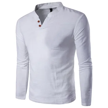 O Decote em V Botões de Camiseta Slim Fit Camisas Manga Longa Sólido T-camisa de Linho T-Shirt dos Homens Casual Superior Blusa plus size M-5XL