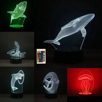 3D Noite do DIODO emissor de Luz da Baleia Tubarão Golfinho Tartaruga 16 de Alteração de Cor do Interruptor do Toque de Novidade Lâmpada para a Decoração Home Visual Dom Crianças