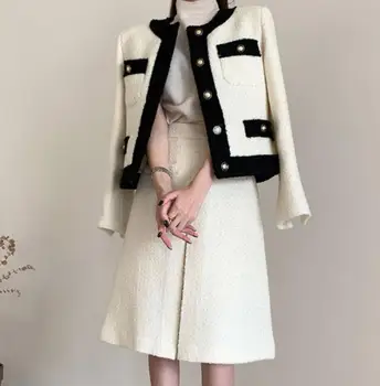 Outono inverno temperamento elegante tweed curta jaqueta mulheres o decote pequeno fragrância contraste de cores top coat