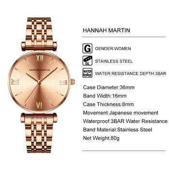 Hannah Martin Relógio De Pulso De Quartzo Mulheres De Luxo Pulseira Gold Ladies Watch Impermeável Aço Feminino Mulheres Relógios Casuais Relógio