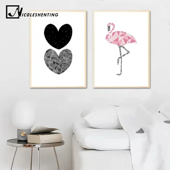 Geometria Flamingo Coração de Arte de Parede de Lona de Cartazes e Estampas Estilo Nórdico Pintura Abstrata Parede a Imagem Moderno, Decoração Home