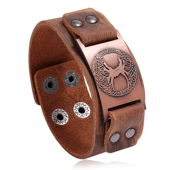 Vintage Ampla Genuíno Bracelete de Couro de Cor Prata Amuleto com a Árvore da Vida Viking Wicca Pulseira de Mens Presente