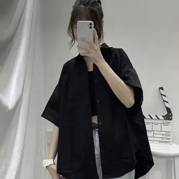 Blusas, Camisas de Mulheres Sólido Único Breasted Vire para baixo de Gola Harajuku Casual Simples Solta Todo-jogo estilo Retro-Chique coreano Feminino Tops