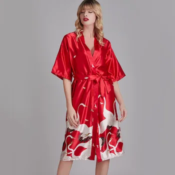 YRRFUOT Verão Vermelho Homewear Senhoras Pijama Meia Manga Confortável Simulação de Cetim de Seda Nightdress do Casamento da Dama de honra de Presente
