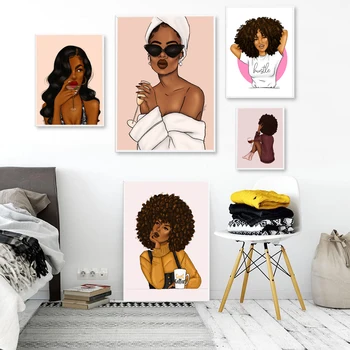 A Moda moderna Tela de Pintura Garota Sexy Pôster e Impressão de Parede Imagens de Arte Para a Sala de Decoração de Casa de Pele Negra Mulher Sem Moldura