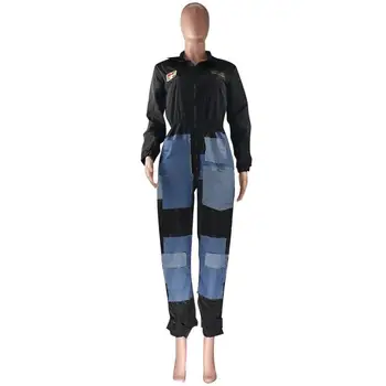 Mais Recente Jeans Patch Design Mulheres Macacões Zíper V Pescoço Mangas Compridas Com Painéis De Calças De Roupas Casuais Macacão De Comprimento Total