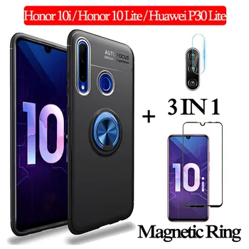 3-em-1 Vidro + Magnético capa de Silicone para Honor10i 10Lite Macio Caso de telefone huawei p30lite Cobertura Completa honra 10i anel magnético Caso