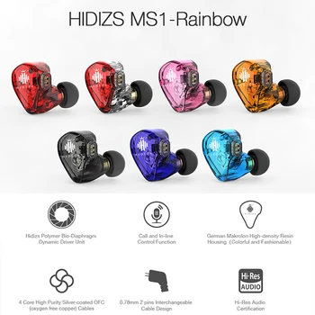 Hidizs MS1 arco-íris, Aparelhagem hi-fi Áudio Dinâmico com Diafragma de Ouvido In-ear Monitor de fone de ouvido IEM com Cabo Destacável 2 pinos de 0,78 mm Conector