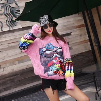Tailândia maré nova marca de indústria pesada lantejoulas patch gato prego esferas perder a cor da camisola das mulheres no outono e inverno de 2018