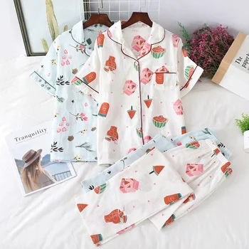 Em estilo japonês, simples e curto, pijama feminino com gaze de algodão de manga curta senhoras de calças de pijama terno bonito pijama em casa serviço de