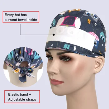 Atacado de alta qualidade do algodão do unisex do cartoon impressão esfrega chapéu de salão de beleza spa em cap médico ajustável cirúrgico tampa de personalização