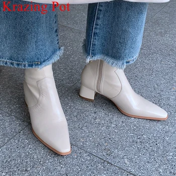 Krazing Pote 2020 tamanho 40 couro de vaca med salto quadrado de dedo do pé de botas Chelsea senhora do escritório sapatos de inverno trecho maiden ankle boots L52