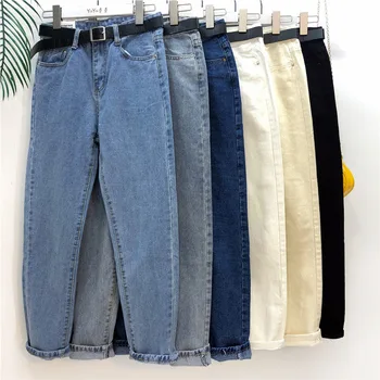 As mulheres formam a Longa Reta Jeans Estilo coreano Lavado Cintura Alta Jeans Calças para Mulheres Algodão Casual Calças Jeans Calças com Cinto