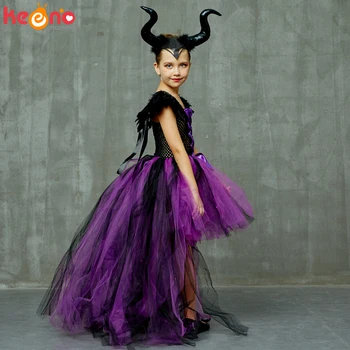 Halloween Malévola Evil Dark Queen Meninas Tutu Vestido com Chifres Bruxa malvada Crianças Cosplay de Festa Vestido de baile Traje de Roupas Extravagantes