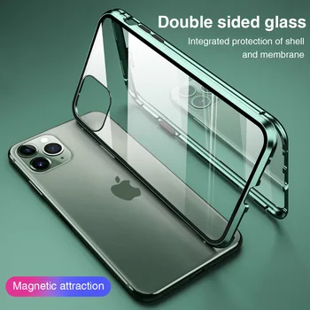 Magnético de Adsorção de Metal Telefone de Caso Para o iPhone 11 Pro X XS Max 6 7 8 Plus SE2 Dupla de Vidro Temperado Completo Capa Protetora