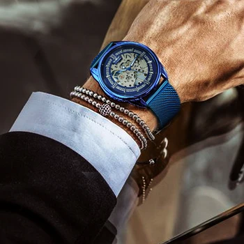 VENCEDOR Oficial do Relógio Mecânico dos Homens de Azul de Prata Pulseira de Malha Super Fina Caso Esqueleto de melhor Marca de Luxo Clássico de Negócios Elegante