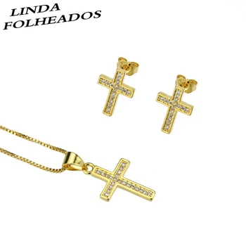 Novo design de ouro, cobre, branco, zircônia cúbica pequena cruz brincos colar para as mulheres da festa de aniversário simples conjunto de jóias de presentes