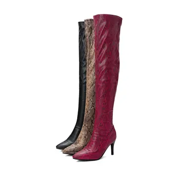 QUTAA 2020 Snakeskin PU Couro Fino Calcanhar de Outono Inverno Over The Knee Boots com Zíper Moda Pontiagudo Dedo do pé Calçados femininos Tamanho 34-43
