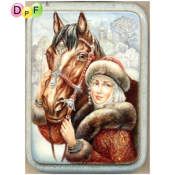 DPF Presente DIY Diamante Bordado artesanato mulher de cavalo paint 5D Rodada completa Diamante Pintura Cubo Mágico, Ponto de Cruz, Mosaico Decoração