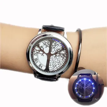 Moda Homens Relógios LED Tela de Toque do Relógio Exclusivo Padrão de Árvore Legal Assistir a Simples Mostrador Preto 60 Luzes Azuis Eletrônico Assistir