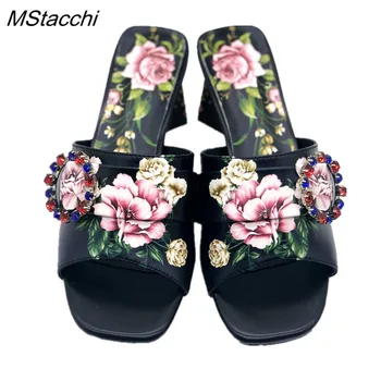 MStacchi Flor Impresso Salto Alto Sapatos de Mulher Chinelos de Strass, Fivela de Bombas de Senhoras de Couro Genuíno de Mulheres Sapatos de Casamento