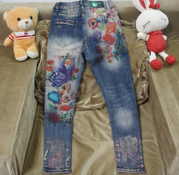 3D Elástico Jeans Com Flores em 3D Padrão Pintado a Lápis de Calças de Mulher Elegante Estilo de Jeans, Calças Calças Jeans Para Mulheres