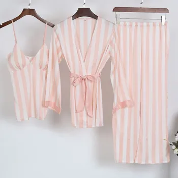 M-XL Mulheres Pijama Conjuntos de Quimono Manto 3PC Cinta de Topo com o Terno de roupa de dormir Camisola Sexy Lady Casa Desgaste Banheira Vestido Nightdress